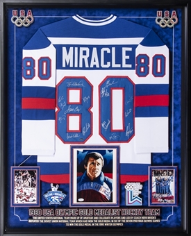 1980 "Miracle On Ice" USA Mens Hockey Team Signed Custom Jersey In Framed 34x43 Collage Including Herb Brooks Signed Photo (JSA, Beckett PreCert & Schwartz Sports)